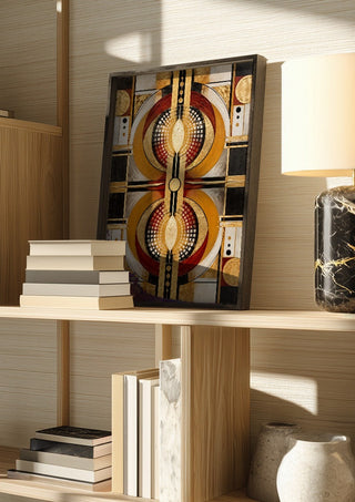 Abstract by RA in a dark frame on a wooden shelf beside books and a lamp