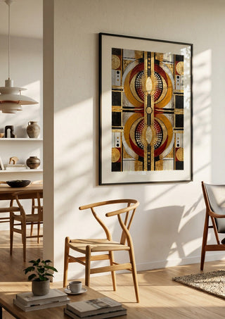 Abstract by RA in a black frame in a bright dining room with wooden chairs