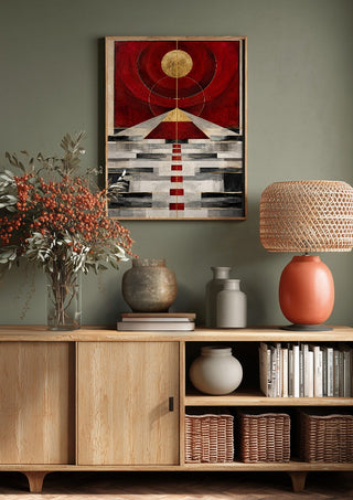 Pyramid by RA above a wooden sideboard on a sage green wall