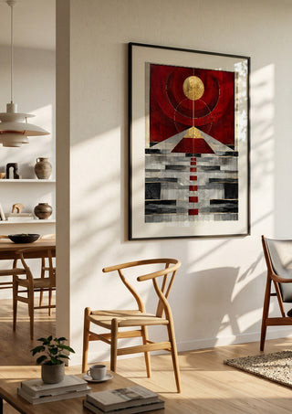 Pyramid by RA in a black frame in a bright dining room with wooden chairs