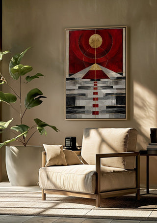 Pyramid by RA framed above a beige armchair beside a potted plant