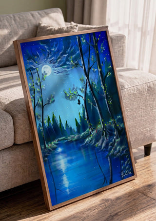 moonlight by Sofia de Lemos in a walnut frame leaning against a grey sofa
