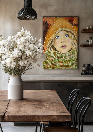 mushroom boy by Sofia de Lemos in a black frame above a rustic table with white flowers