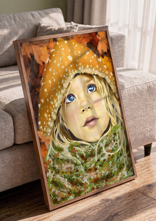 mushroom boy by Sofia de Lemos in a walnut frame leaning against a grey sofa