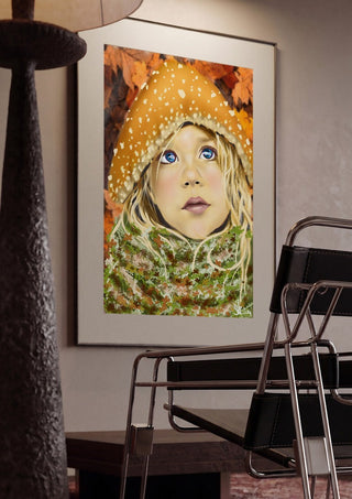 mushroom boy by Sofia de Lemos framed in a dim room beside a tubular steel chair