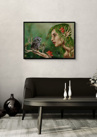 faery tree by Sofia de Lemos in a black frame above a dark sofa with candlesticks and a vase