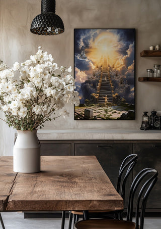 the fool by Sofia de Lemos in a black frame above a rustic table with white flowers