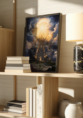 the fool by Sofia de Lemos in a dark frame on a wooden shelf beside books and a lamp