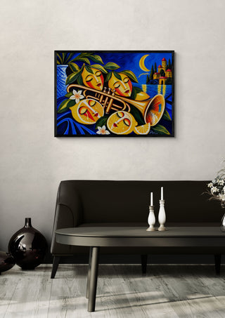 Bittersweet Symphony by Andreas Gerlach in a black frame above a dark sofa with candlesticks and a vase