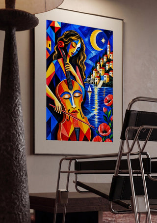 Melody of the Blue Night by Andreas Gerlach framed in a dim room beside a tubular steel chair