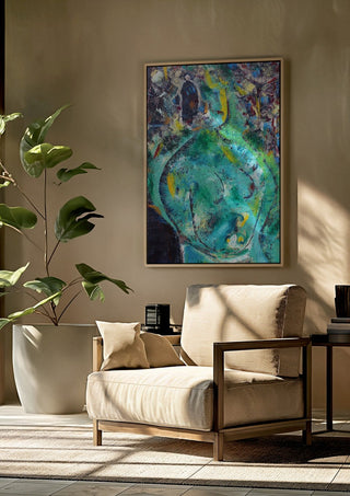 Belly of the Sea by António D'Albuquerque framed above a beige armchair beside a potted plant