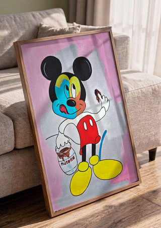 Not by Cheese Alone by NKo in a walnut frame leaning against a grey sofa