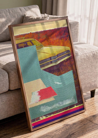 Station Wagon No.4 by Kareem Rizk in a walnut frame leaning against a grey sofa