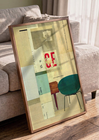 Neatly Wrapped by Kareem Rizk in a walnut frame leaning against a grey sofa
