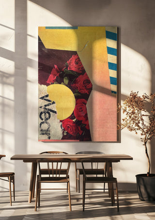Roses by Kareem Rizk hanging above a wooden dining table in warm sunlight