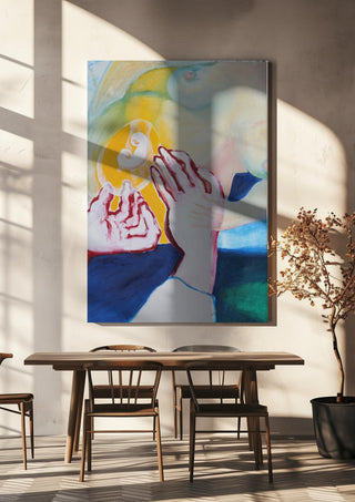 Between the Hands by António D'Albuquerque hanging above a wooden dining table in warm sunlight