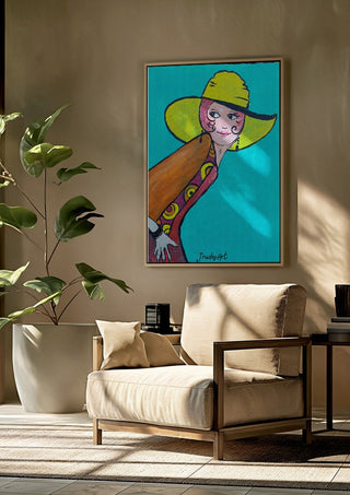 Frau mit Hut by Trude framed above a beige armchair beside a potted plant