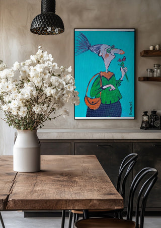 Mit spitzer Nase und weichem Kern by Trude in a black frame above a rustic table with white flowers