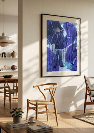 Tanz durch den Regen by Trude in a black frame in a bright dining room with wooden chairs