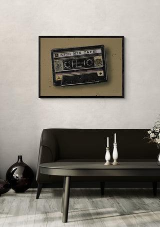 Epic Mix Tape by Carl Smith ART in a black frame above a dark sofa with candlesticks on a round table