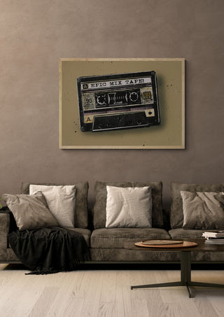 Epic Mix Tape by Carl Smith ART in a light oak frame above a grey sofa on a warm brown wall