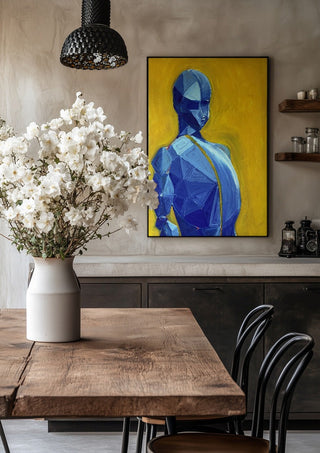 Blue figure / yellow field by Linor Citaku in a black frame above a rustic table with white flowers