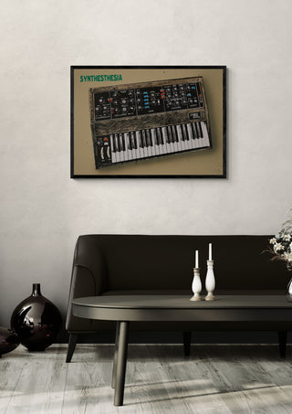 Synthesthesia by Carl Smith ART in a black frame above a dark sofa with candlesticks on a round table