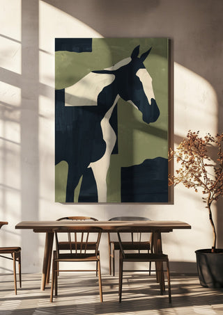 Abstract Minimal Horse 4 by ThingDesign hanging above a wooden dining table in warm sunlight
