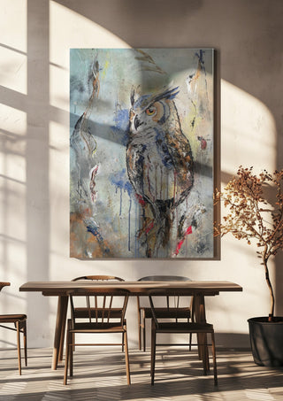 Owl by Lüba hanging above a wooden dining table in warm sunlight