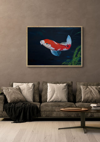 My koi by Juergen Duerrmann in a light oak frame above a grey sofa on a warm brown wall