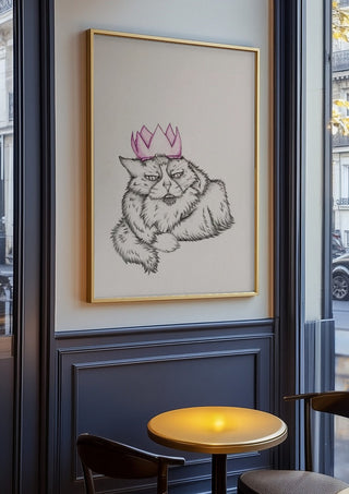 King Tony the cat by CarolineV in an oak frame on a panelled cafe wall