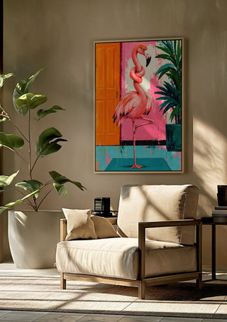 Knot today x Flamingo by Decker Studios framed above a beige armchair beside a potted plant