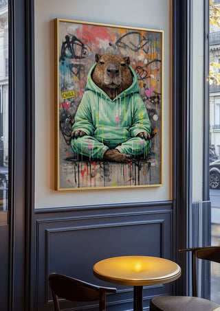 Capybara x Grafitti by Decker Studios in an oak frame on a panelled cafe wall
