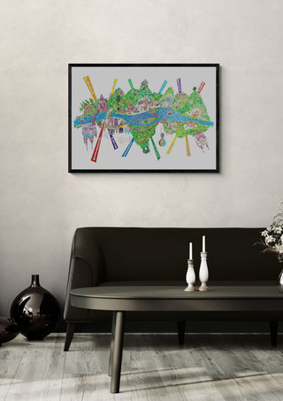 Heimat by ullimcart in a black frame above a dark sofa with candlesticks on a round table