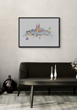 Köln by ullimcart in a black frame above a dark sofa with candlesticks on a round table