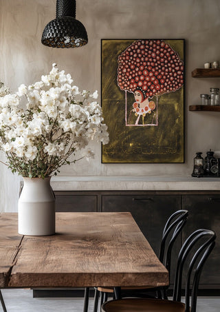 Madame Rose by Ali Kasap in a black frame above a rustic table with white flowers