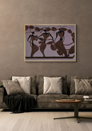 Madames by Ali Kasap in a light oak frame above a grey sofa on a warm brown wall