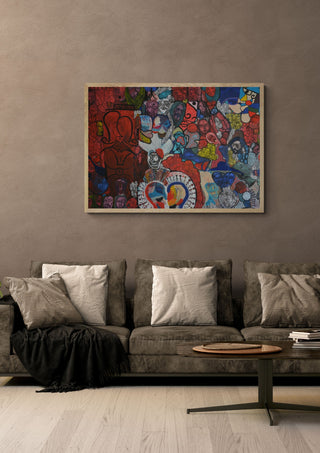 RED ROOM by Ali Kasap in a light oak frame above a grey sofa on a warm brown wall