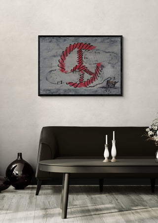Peace that kills by PeKo in a black frame above a dark sofa with candlesticks on a round table