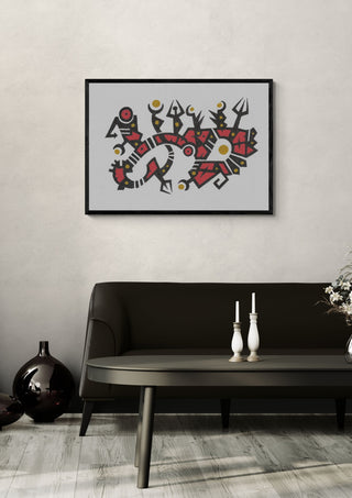 Red and Gold Glyphs by John Larkin in a black frame above a dark sofa with candlesticks on a round table