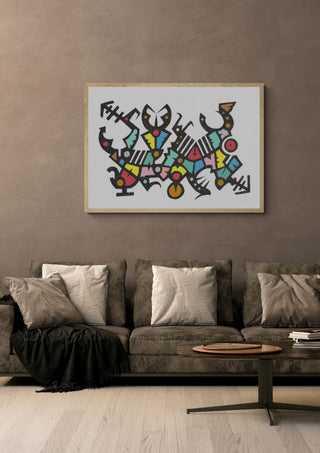 Carnival Glyphs by John Larkin in a light oak frame above a grey sofa on a warm brown wall