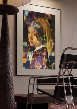 Girl with the pearl by creatievananne framed in a dim room beside a tubular steel chair