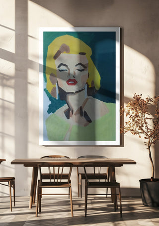 Marilyn Monroe by creatievananne hanging above a wooden dining table in warm sunlight