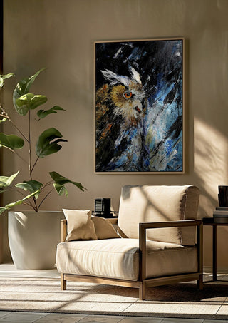 Silent wisdom by Lüba framed above a beige armchair beside a potted plant