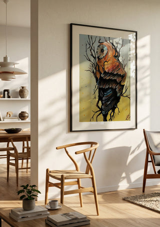 Between worlds by Lüba in a black frame in a bright dining room with wooden chairs