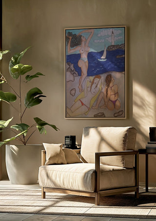 Paraphrasing by KaroGaiaArt framed above a beige armchair beside a potted plant