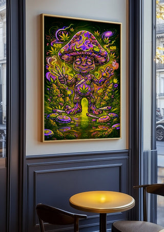 420 Mushroom by BunteBeute in an oak frame on a panelled cafe wall