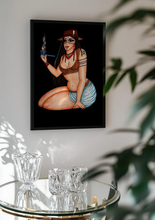 Peacepipe by KaroGaiaArt in a black frame above a glass table with crystal glassware