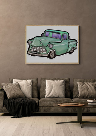 Pickup Truck Chevrolet by KaroGaiaArt in a light oak frame above a grey sofa on a warm brown wall