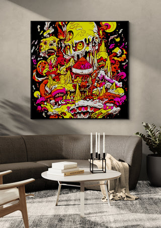 Melting City by BunteBeute in a black frame above a dark sofa with candlesticks on a round table